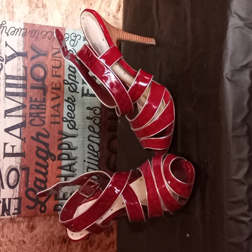 BCBGirls red and silver striped heels